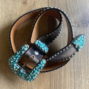 Leatherock Western Belt - Brown Leather w/ Turquoise Buckle - S32